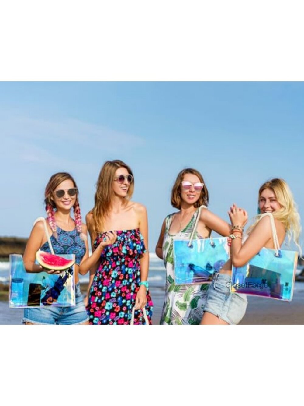 Iridescent PVC Beach Bag Tote with Rope Handles for Travel Party - Picture 4 of 6